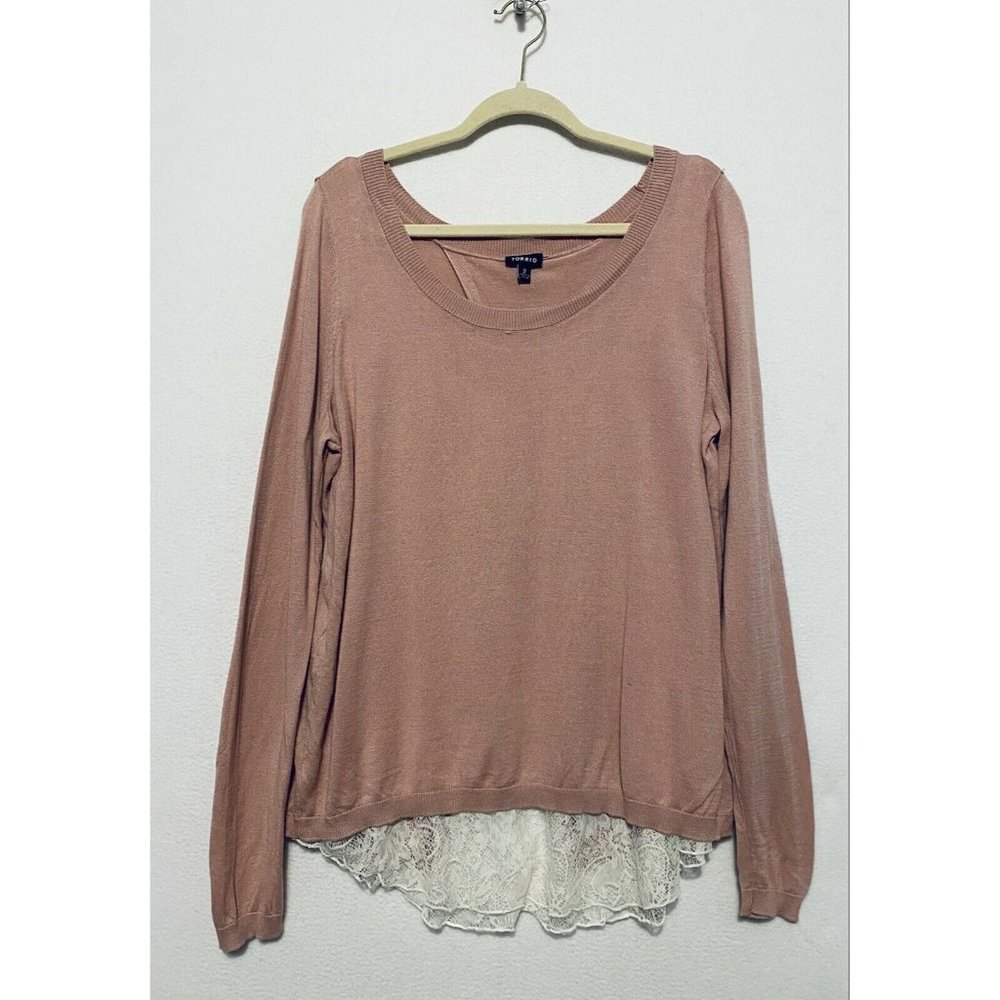 Torrid Womens Pink Blush Pullover Sweater Split Back Lace Hem Cottagecore 2X